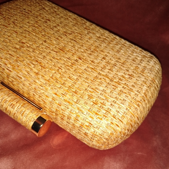 Tan Rattan Hard Case Clutch Purse Woven Wicker Handbag Crossbody Bag Long Chain - Picture 4 of 13